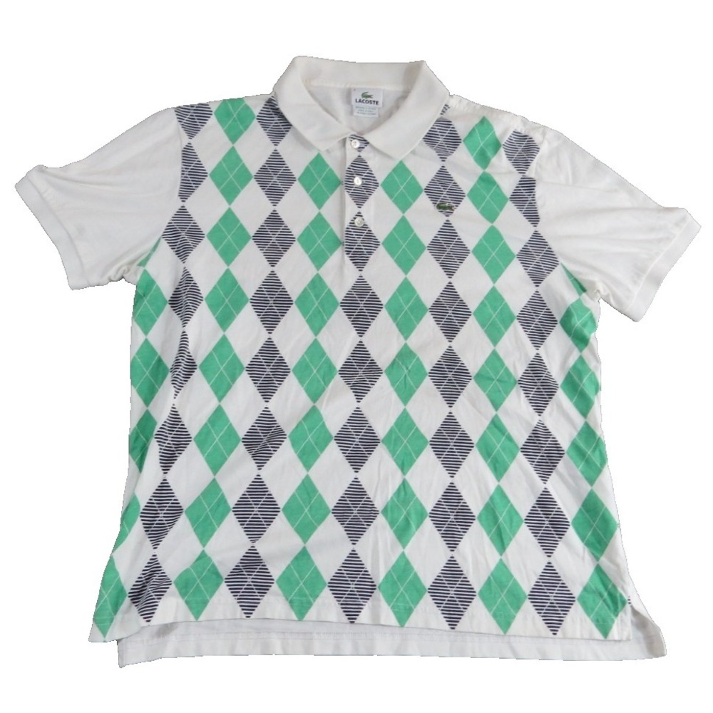 Lacoste 6 Mens XL Argyle Polo Shirt Geometric Pique Short Sleeve Green White EUC